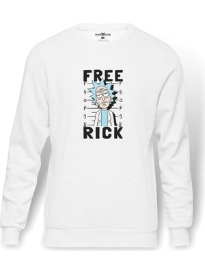 Tshirthane Free Rick   Baskılı Beyaz Erkek Örme Sweatshirt Uzun Kol