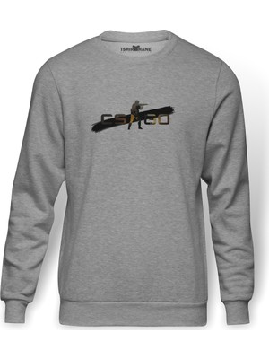Tshirthane Cs Go Counter Strike Go Asker Baskılı Gri Erkek Örme Sweatshirt Uzun Kol