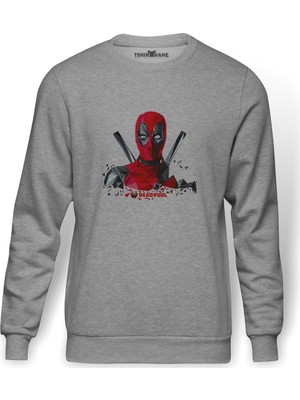Tshirthane Deadpool 3D Boyut  Baskılı Gri Erkek Örme Sweatshirt Uzun Kol