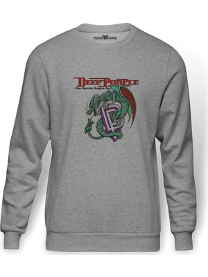 Tshirthane Deep Purple The Battle Rages On Baskılı Gri Erkek Örme Sweatshirt Uzun Kol