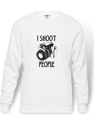 Tshirthane I Shoot People Fotoğraf Makinesi Baskılı Beyaz Erkek Örme Sweatshirt Uzun Kol