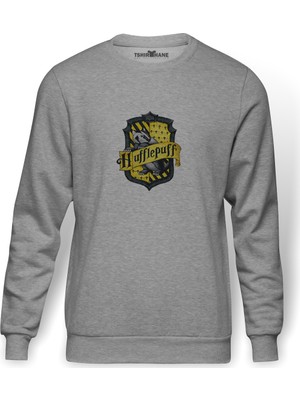 Tshirthane Hufflepuff   Baskılı Gri Erkek Örme Sweatshirt Uzun Kol