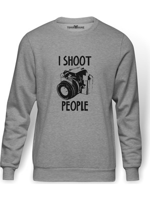 Tshirthane I Shoot People Fotoğraf Makinesi Baskılı Gri Erkek Örme Sweatshirt Uzun Kol