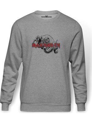 Tshirthane Iron Maıden Number Of The Beast Baskılı Gri Erkek Örme Sweatshirt Uzun Kol