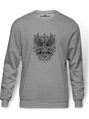 Tshirthane Kafatası Ve Kanatlar Ile Gri Kılıç Baskılı Gri Erkek Örme Sweatshirt Uzun Kol