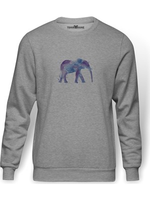 Tshirthane Mor Ve Mavi Fil Boyama Fil Baskılı Gri Erkek Örme Sweatshirt Uzun Kol