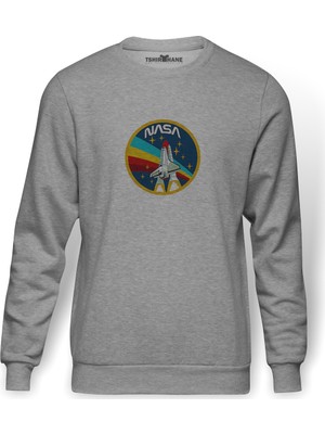 Tshirthane Nasa Rocket Logo Royalty Freenasa Baskılı Gri Erkek Örme Sweatshirt Uzun Kol