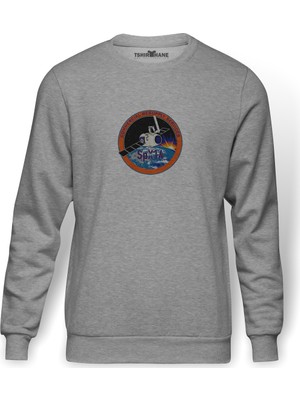 Tshirthane Nasa Spacex Roket  Baskılı Gri Erkek Örme Sweatshirt Uzun Kol