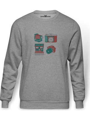 Tshirthane Nostalji Kamera Fotoğraf Makinesi  Baskılı Gri Erkek Örme Sweatshirt Uzun Kol