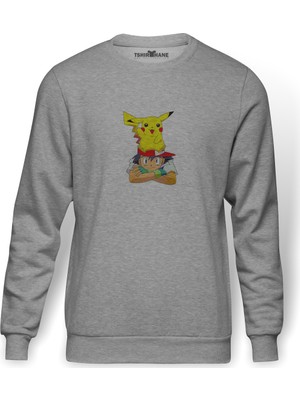 Tshirthane Pokemon 4K  Baskılı Gri Erkek Örme Sweatshirt Uzun Kol
