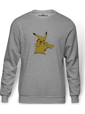 Tshirthane Pokemon Pikachu  Baskılı Gri Erkek Örme Sweatshirt Uzun Kol