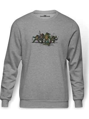Tshirthane Retro Ninja Turtles Metal Rock Music Baskılı Gri Erkek Örme Sweatshirt Uzun Kol