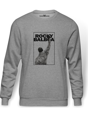 Tshirthane Rocky Balboa   Baskılı Gri Erkek Örme Sweatshirt Uzun Kol