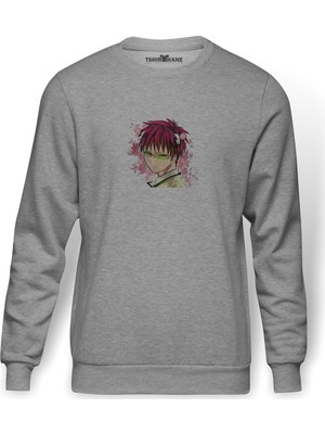 Tshirthane Saiki Kusuo Cute  Baskılı Gri Erkek Örme Sweatshirt Uzun Kol