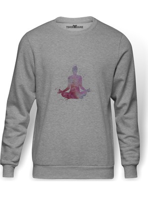 Tshirthane Sıcak Yoga Lotus Pozisyonu Baskılı Gri Erkek Örme Sweatshirt Uzun Kol