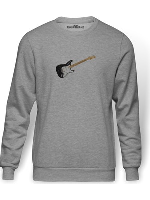 Tshirthane Stratocaster Howard Reed Black Gitar Music Baskılı Gri Erkek Örme Sweatshirt Uzun Kol
