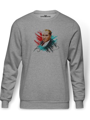 Tshirthane Tc Ulu Önder Mustafa Kemal Atatürk Baskılı Gri Erkek Örme Sweatshirt Uzun Kol