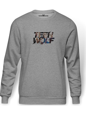 Tshirthane Teen Wolf   Baskılı Gri Erkek Örme Sweatshirt Uzun Kol
