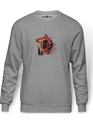 Tshirthane The Muppets   Baskılı Gri Erkek Örme Sweatshirt Uzun Kol