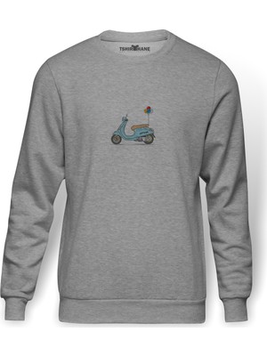 Tshirthane Vespa Lexington   Baskılı Gri Erkek Örme Sweatshirt Uzun Kol