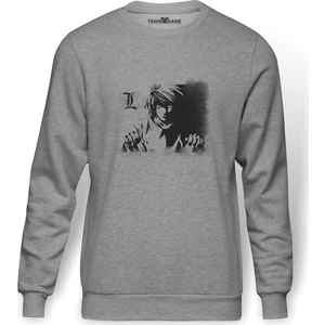Anime Death Note Baskılı Gri Erkek Örme Sweatshirt Uzun Kol