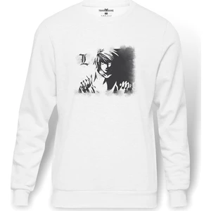 Anime Death Note Baskılı Beyaz Erkek Örme Sweatshirt Uzun Kol