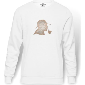 Sherlock Holmes Dedek Kurgu Özel Dedek Baskılı Beyaz Erkek Örme Sweatshirt Uzun Kol