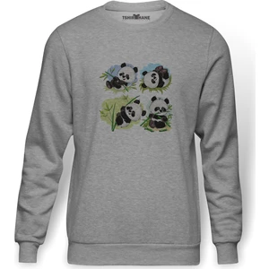 Panda Baskılı Gri Erkek Örme Sweatshirt Uzun Kol