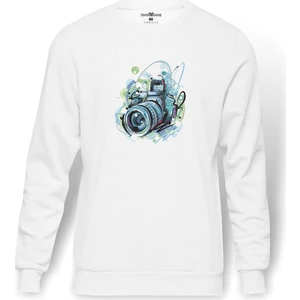 Fotoğraf Makinesi Objek Lens Camera Kamera Baskılı Beyaz Erkek Örme Sweatshirt Uzun Kol