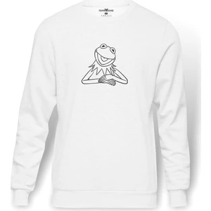 The Frog Kurbağa Kermit  Baskılı Beyaz Erkek Örme Sweatshirt Uzun Kol