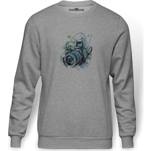 Fotoğraf Makinesi Objek Lens Camera Kamera Baskılı Gri Erkek Örme Sweatshirt Uzun Kol