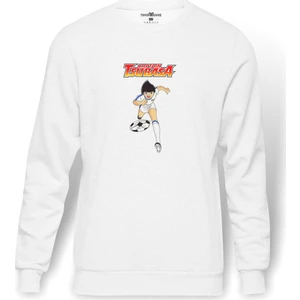 Tsubasa Captain   Baskılı Beyaz Erkek Örme Sweatshirt Uzun Kol