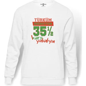 Türküm Doğruyum Karşıyakalıyım İzmir 35,5 Baskılı Beyaz Erkek Örme Sweatshirt Uzun Kol