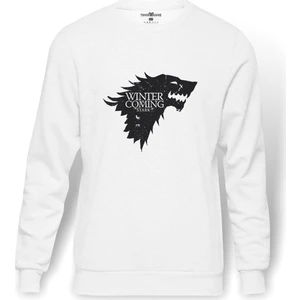 Game Of Thrones Baskılı Beyaz Erkek Örme Sweatshirt Uzun Kol