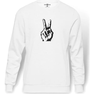 Zafer İşareti  Baskılı Beyaz Erkek Örme Sweatshirt Uzun Kol