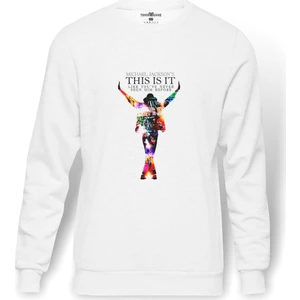 Michael Jackson Baskılı Beyaz Erkek Örme Sweatshirt Uzun Kol