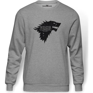 Game Of Thrones Baskılı Gri Erkek Örme Sweatshirt Uzun Kol