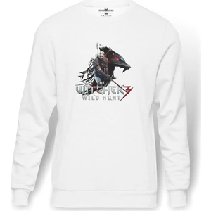 The Witcher Baskılı Beyaz Erkek Örme Sweatshirt Uzun Kol