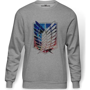 Anime Attack On Titan Baskılı Gri Erkek Örme Sweatshirt Uzun Kol