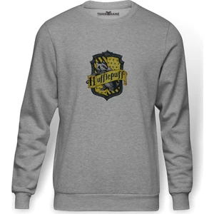 Hufflepuff   Baskılı Gri Erkek Örme Sweatshirt Uzun Kol