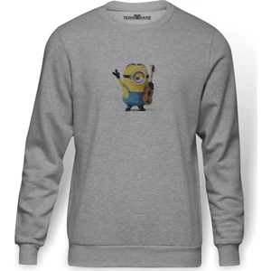 Minions Stuart  Baskılı Gri Erkek Örme Sweatshirt Uzun Kol
