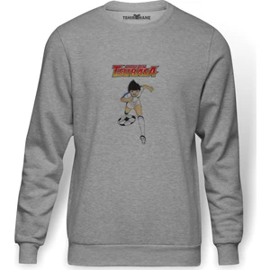 Tsubasa Captain   Baskılı Gri Erkek Örme Sweatshirt Uzun Kol