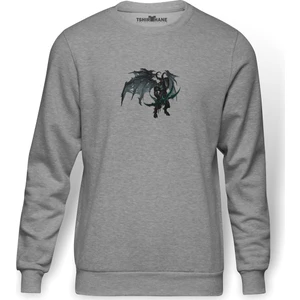 World Of Warcraft Illidan Stormrage Baskılı Gri Erkek Örme Sweatshirt Uzun Kol