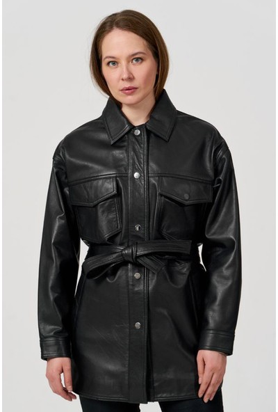 Nero Leather - Gömlek Model Siyah Kadın Hakiki Deri Ceket HN42 (Relaxed Fıt)