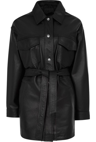 Nero Leather - Gömlek Model Siyah Kadın Hakiki Deri Ceket HN42 (Relaxed Fıt)