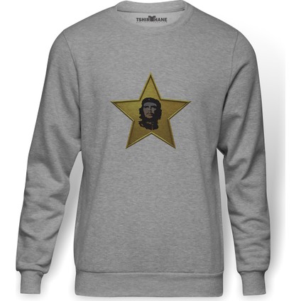 Che Guevara Yıldız Che Baskılı Gri Erkek Örme Sweatshirt Uzun Kol