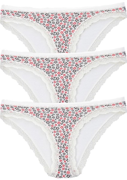 Kadın 3'lü Paket Desenli Bikini Külot Ekru