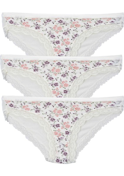 Kadın 3'lü Paket Desenli Bikini Külot Beyaz