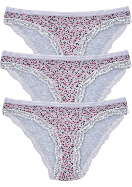 Kadın 3'lü Paket Desenli Bikini Külot Gri