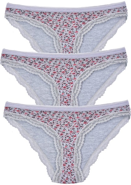 Kadın 3'lü Paket Desenli Bikini Külot Gri